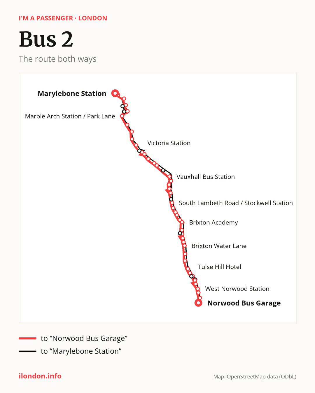 Bus route 2 in London on the map: the route both ways