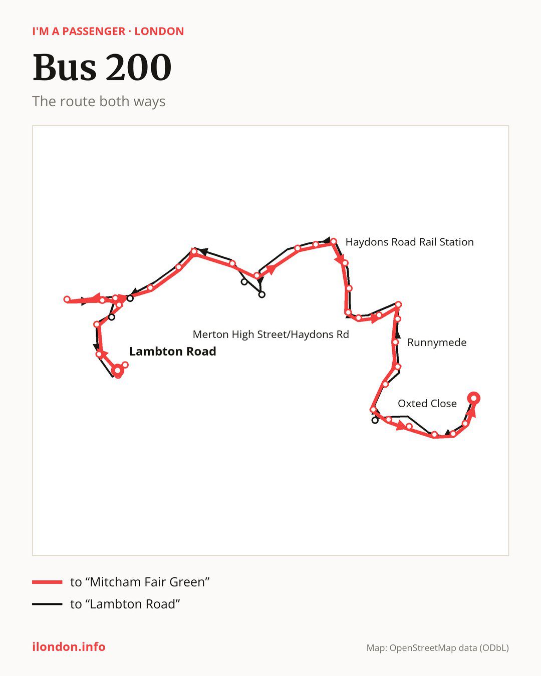 Bus route 200 in London on the map: the route both ways