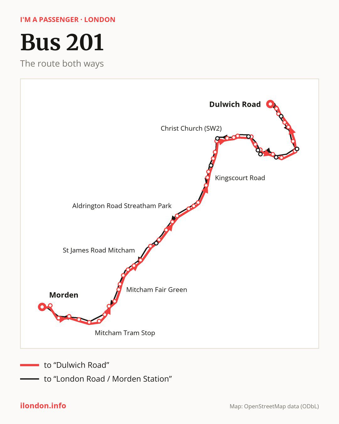 Bus route 201 in London on the map: the route both ways
