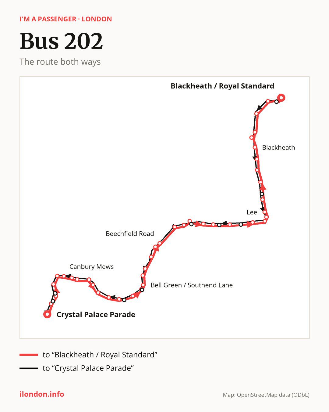 Bus route 202 in London on the map: the route both ways