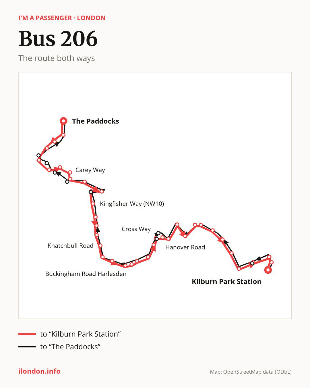 Bus route 206 in London on the map: the route both ways