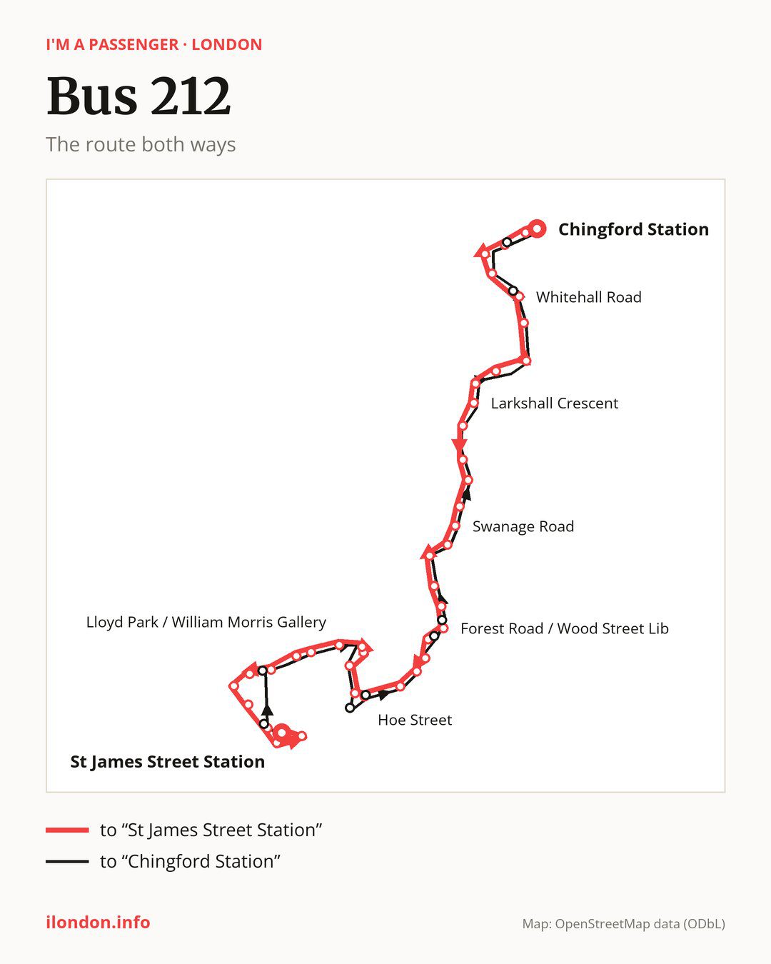 Bus route 212 in London on the map: the route both ways