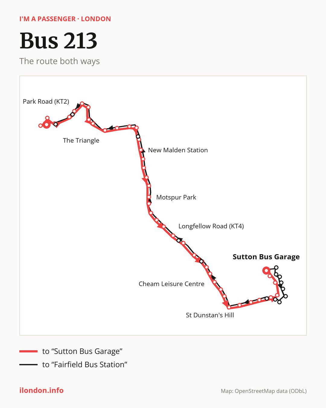 Bus route 213 in London on the map: the route both ways