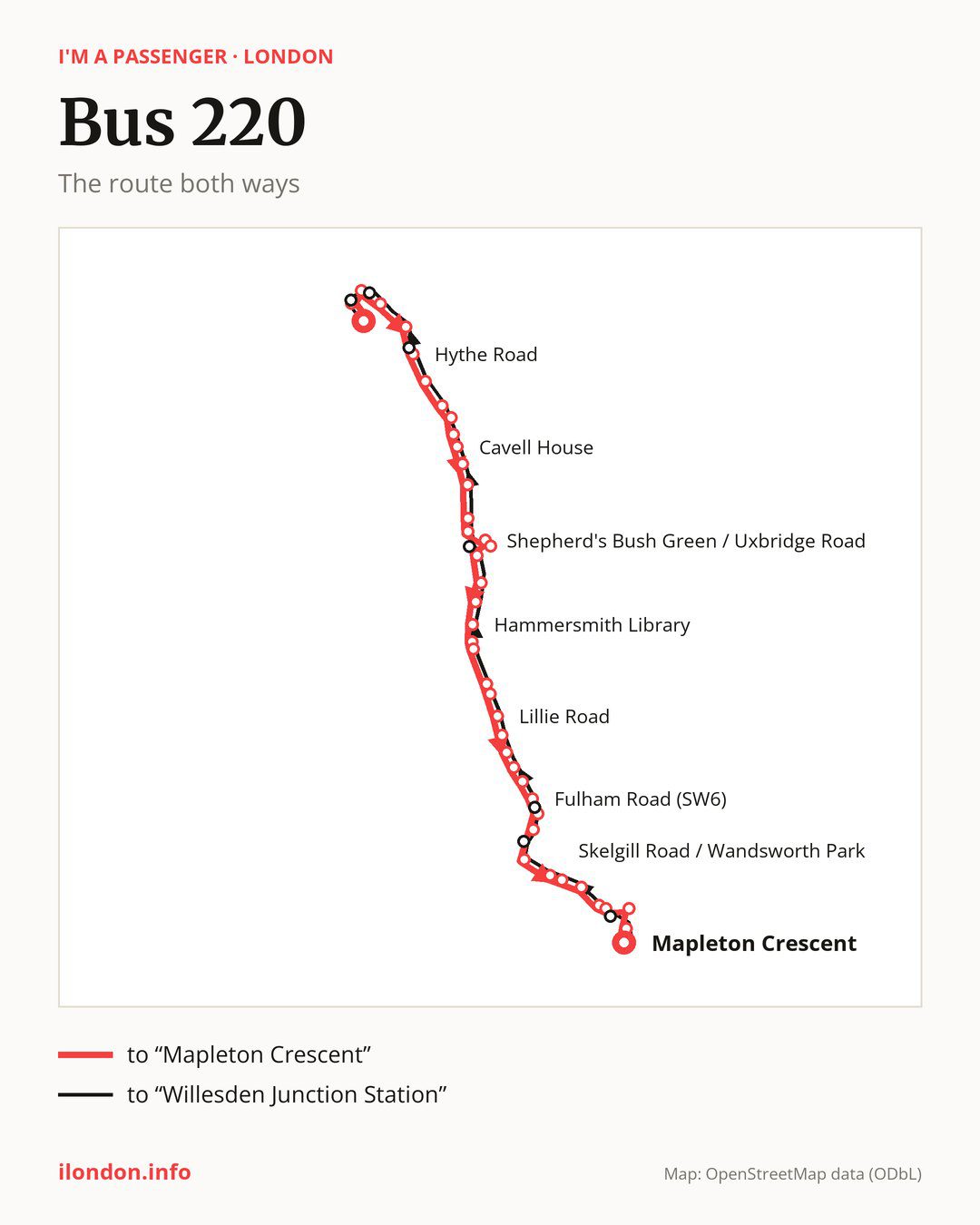 Bus route 220 in London on the map: the route both ways