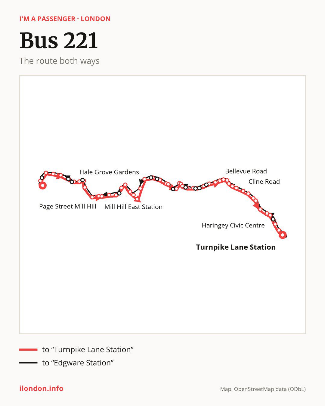 Bus route 221 in London on the map: the route both ways