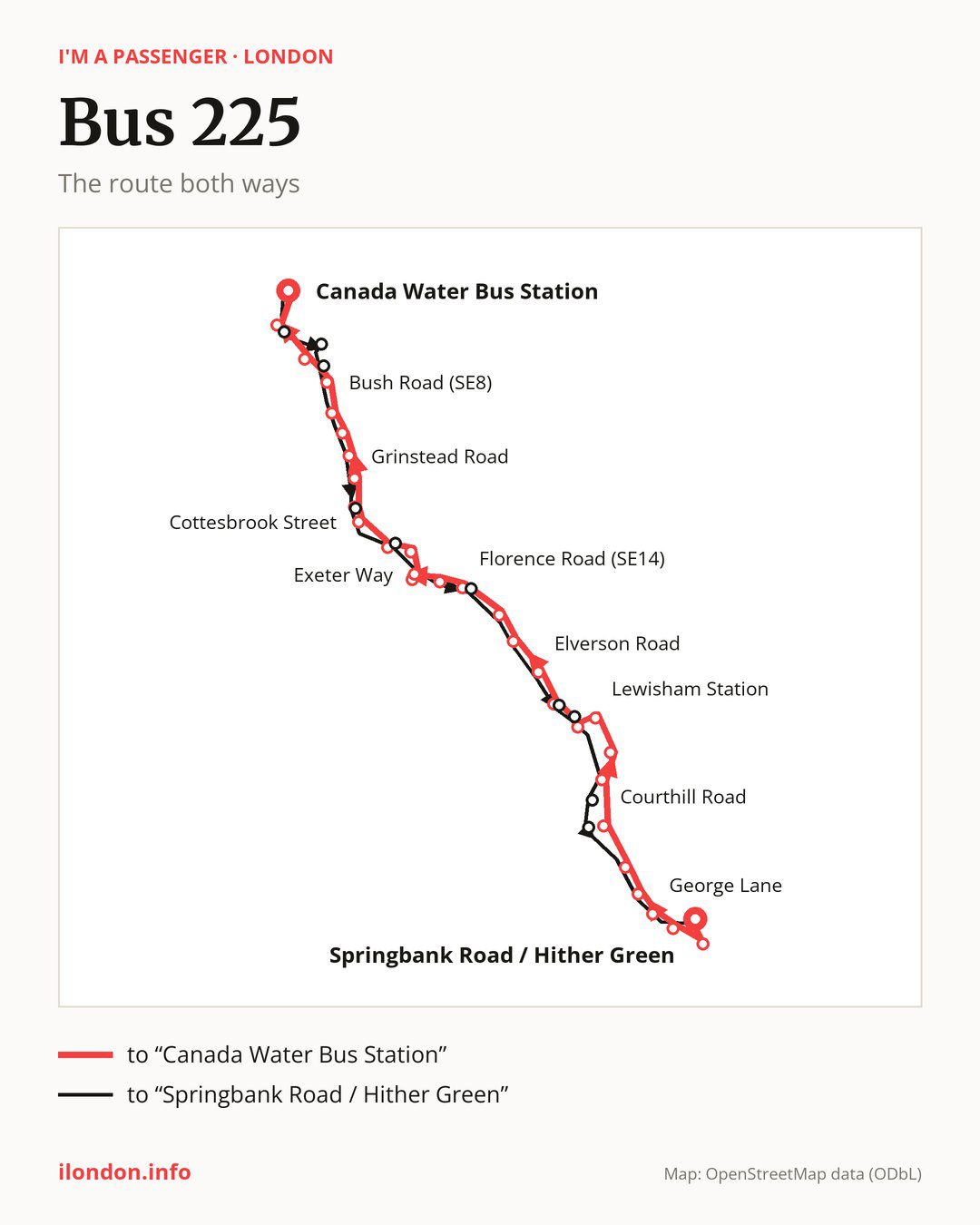 Bus route 225 in London on the map: the route both ways