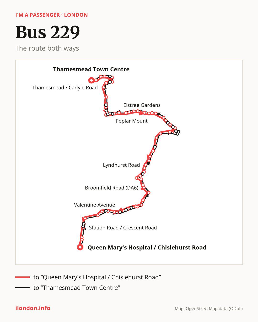Bus route 229 in London on the map: the route both ways