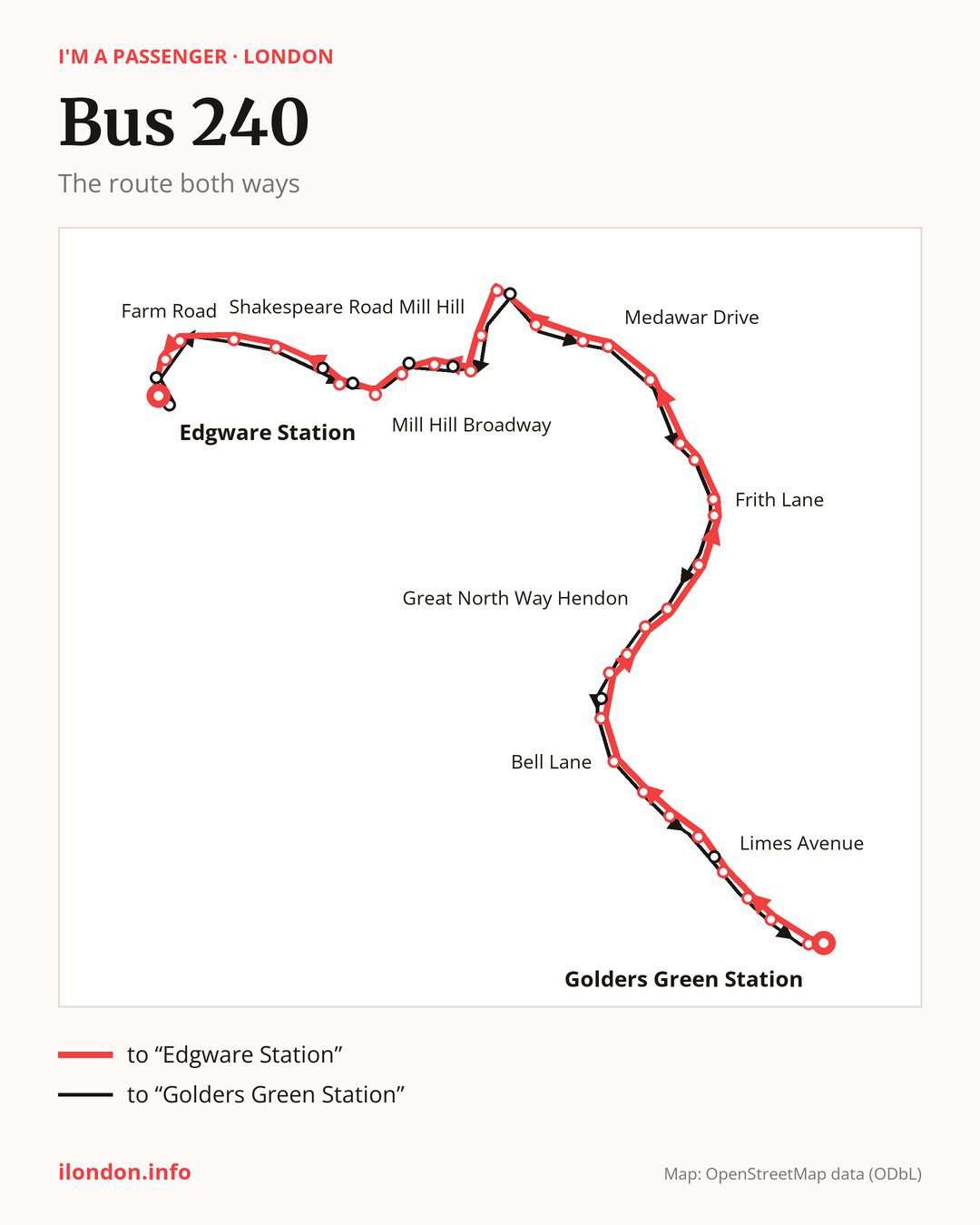 Bus route 240 in London on the map: the route both ways