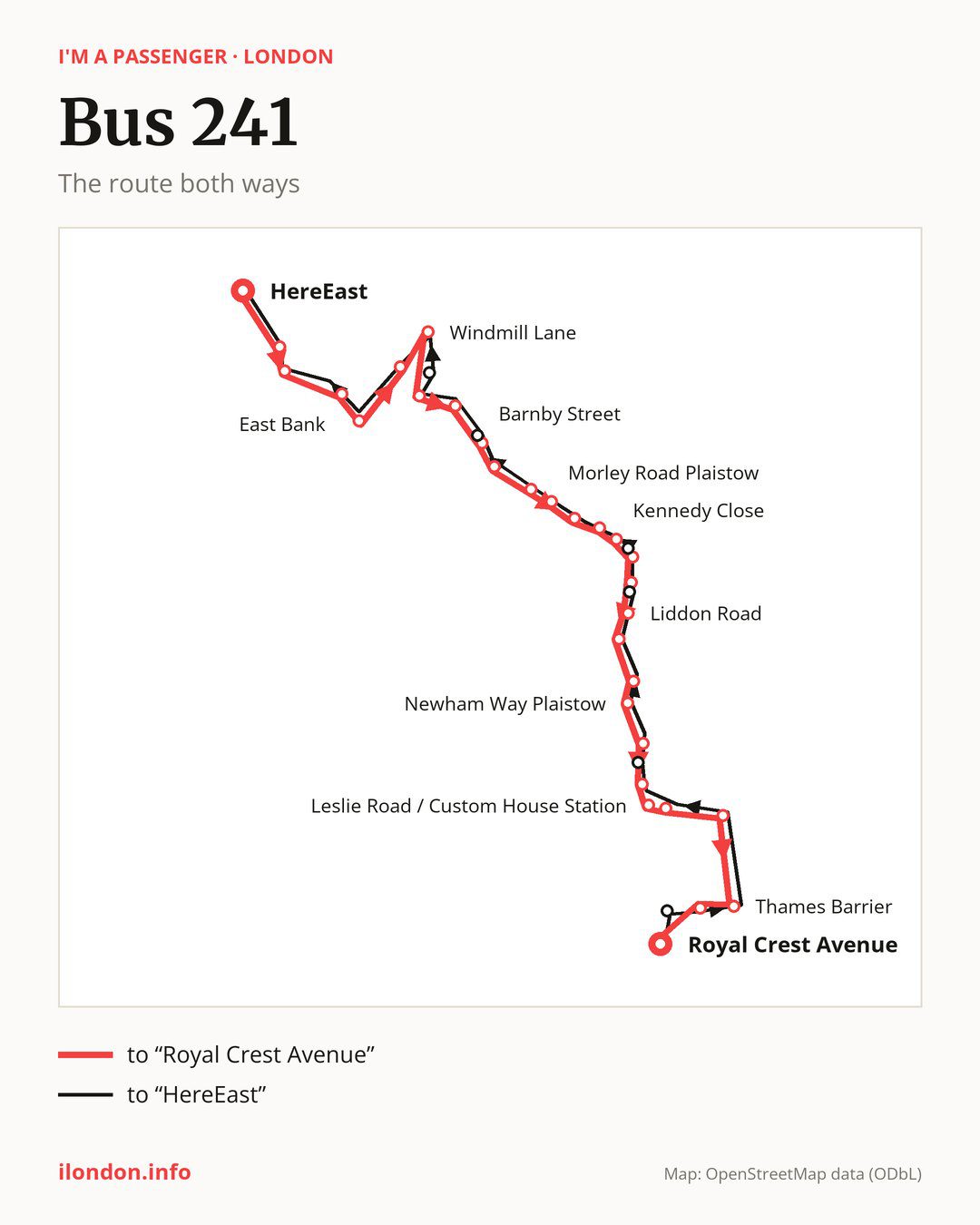 Bus route 241 in London on the map: the route both ways
