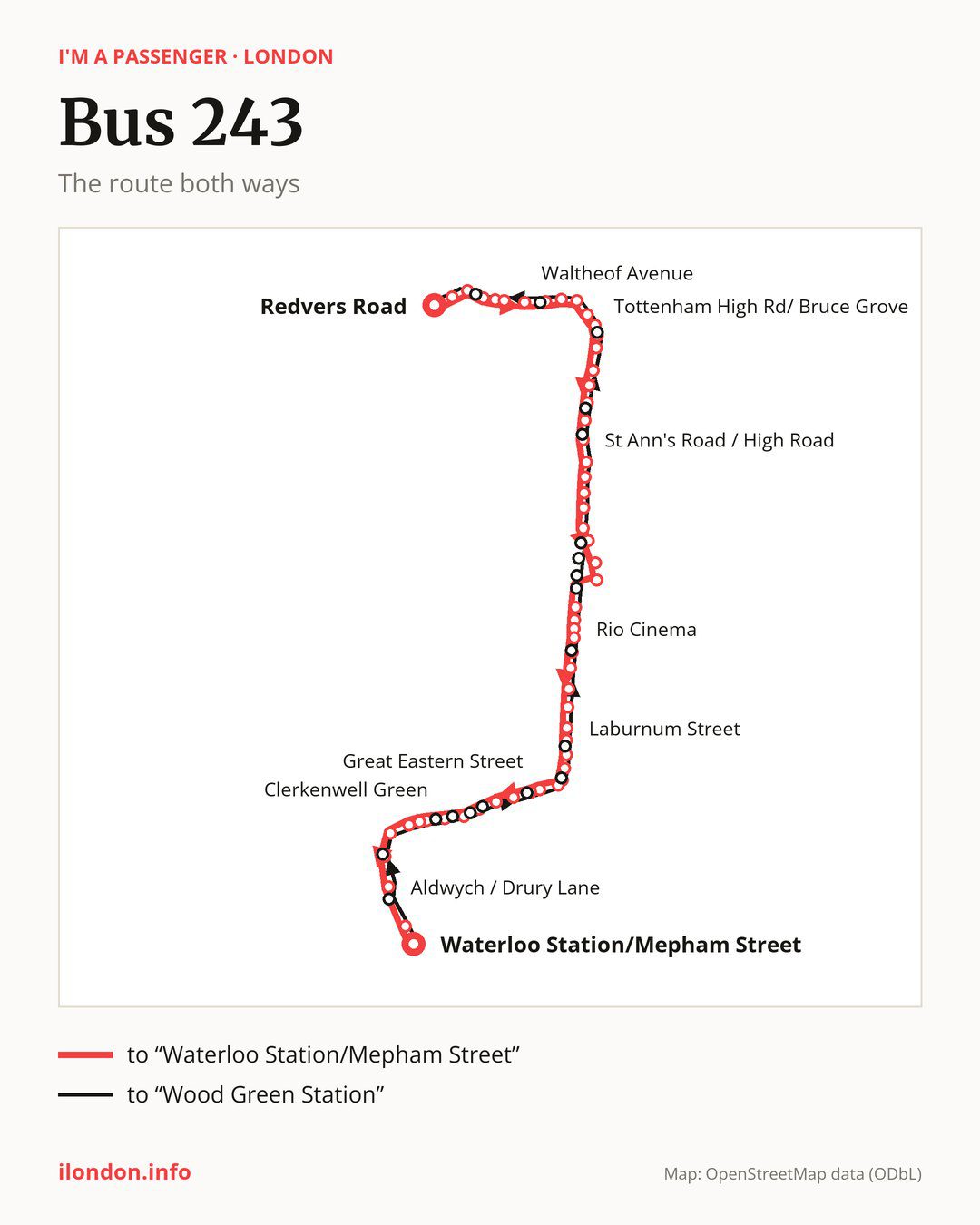Bus route 243 in London on the map: the route both ways