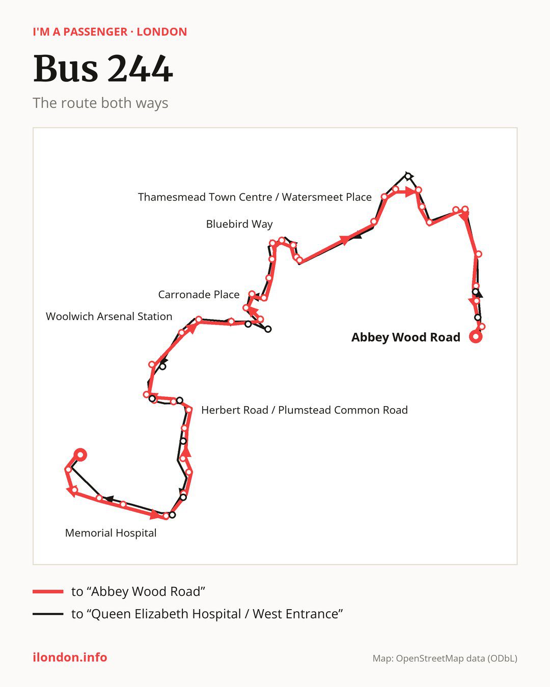 Bus route 244 in London on the map: the route both ways