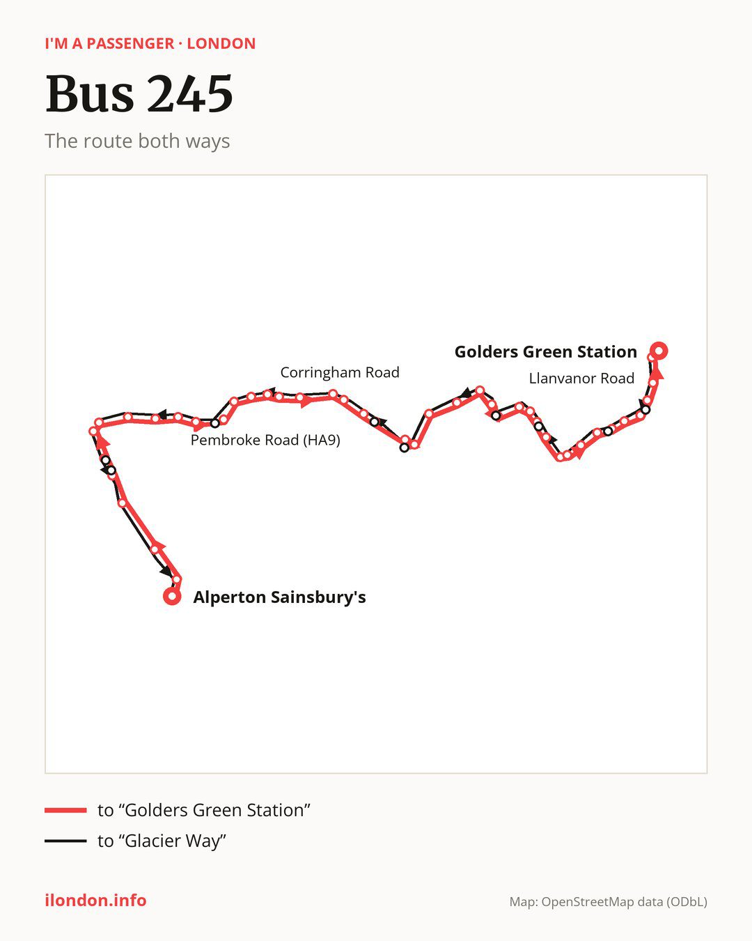 Bus route 245 in London on the map: the route both ways