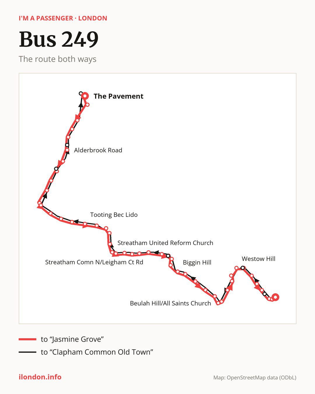 Bus route 249 in London on the map: the route both ways