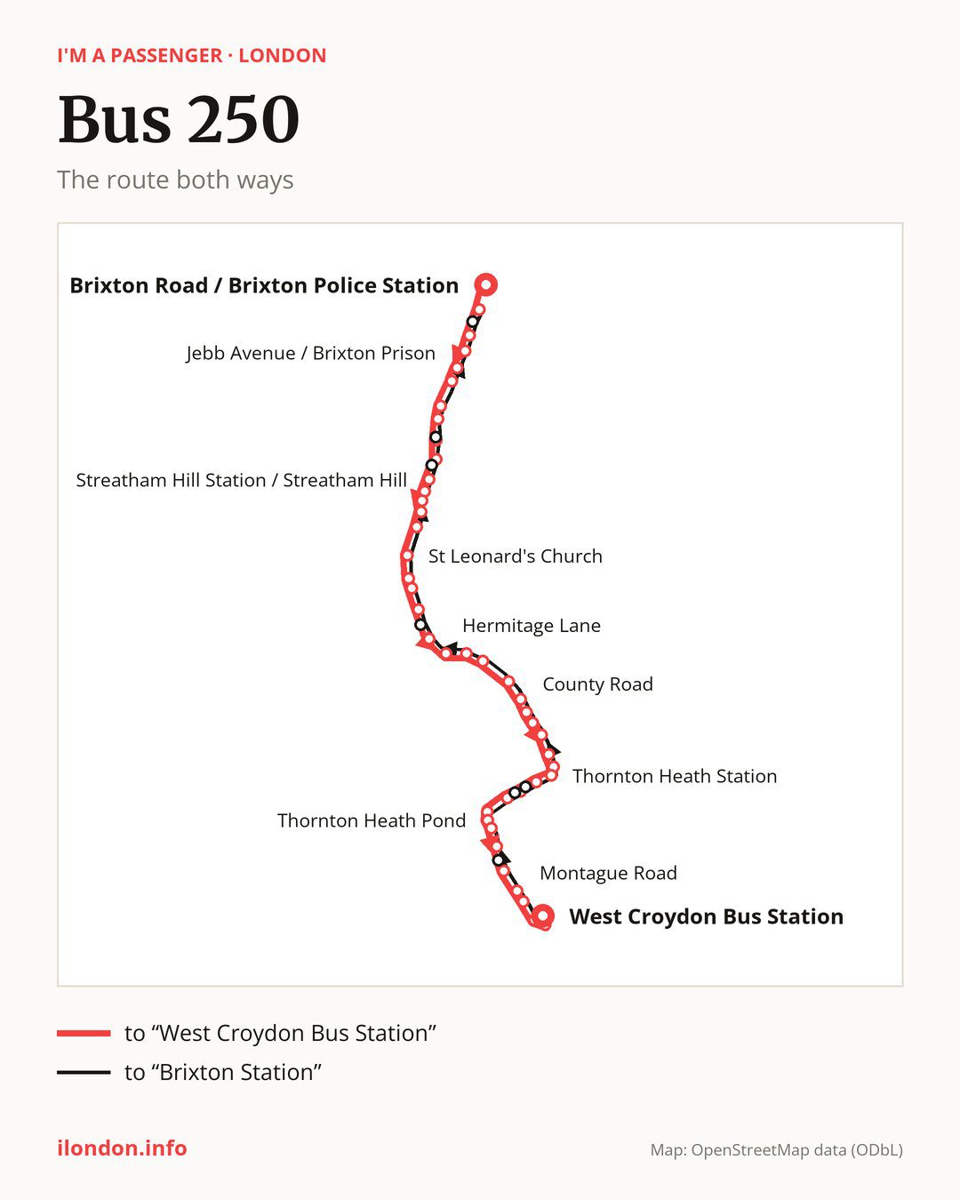 Bus route 250 in London on the map: the route both ways