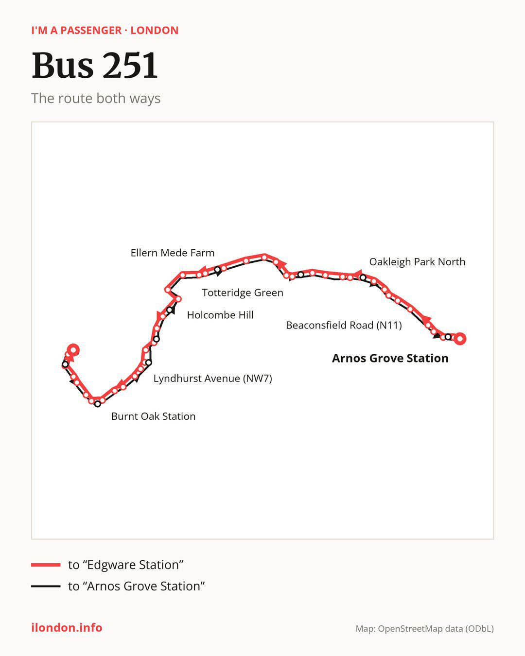 Bus route 251 in London on the map: the route both ways