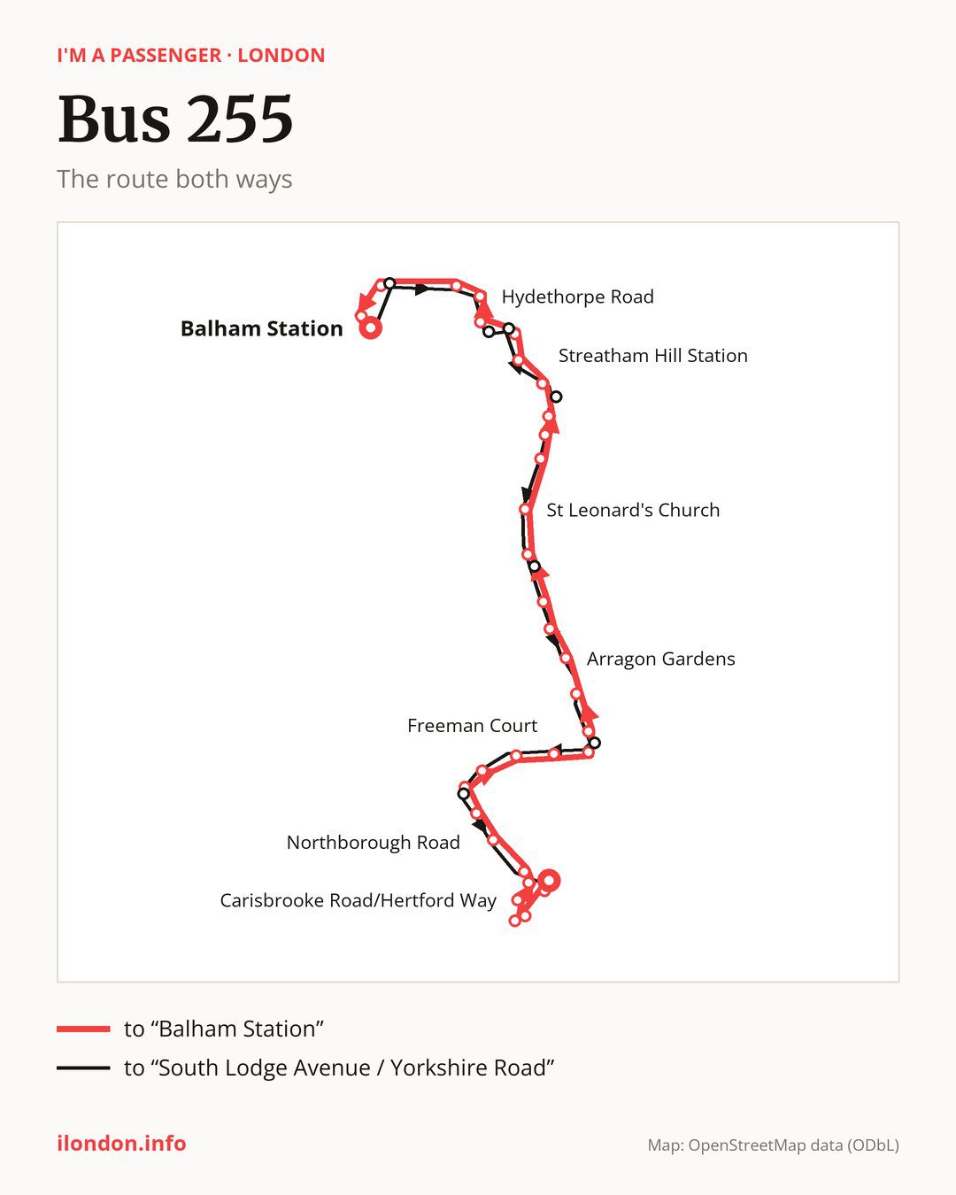 Bus route 255 in London on the map: the route both ways