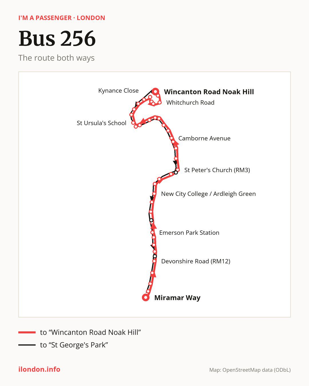 Bus route 256 in London on the map: the route both ways