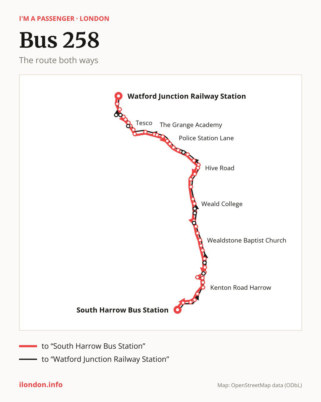 Bus route 258 in London on the map: the route both ways