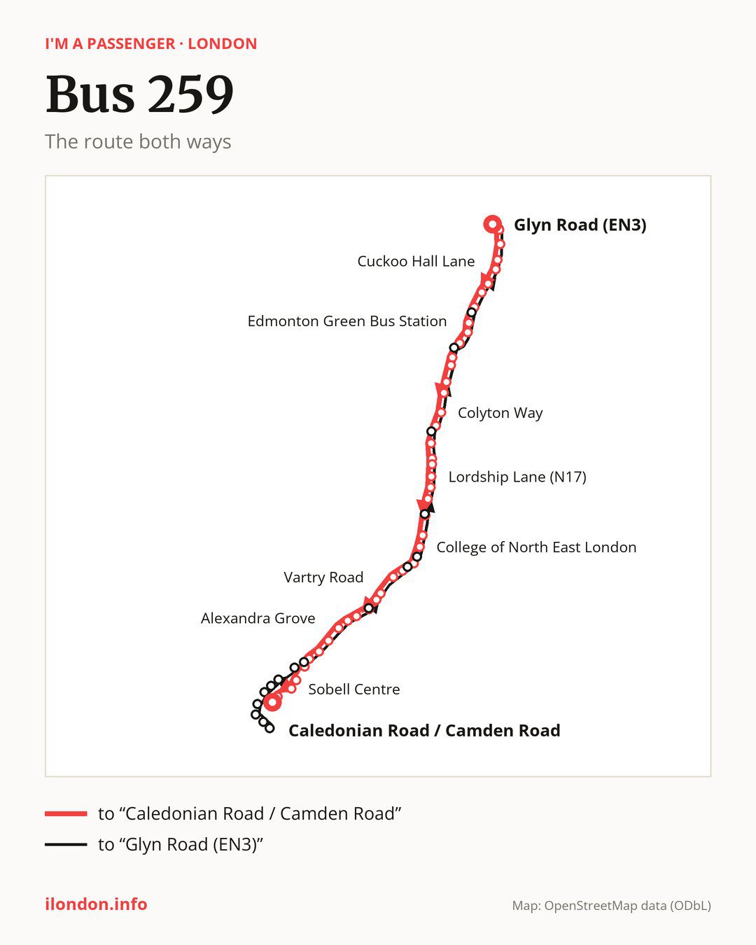 Bus route 259 in London on the map: the route both ways
