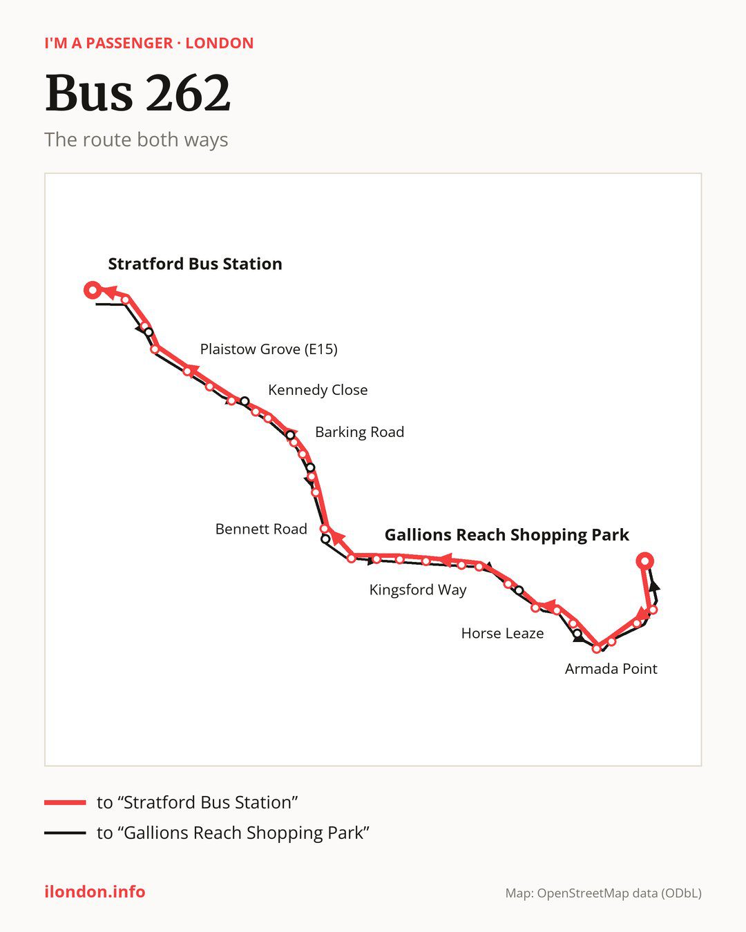 Bus route 262 in London on the map: the route both ways