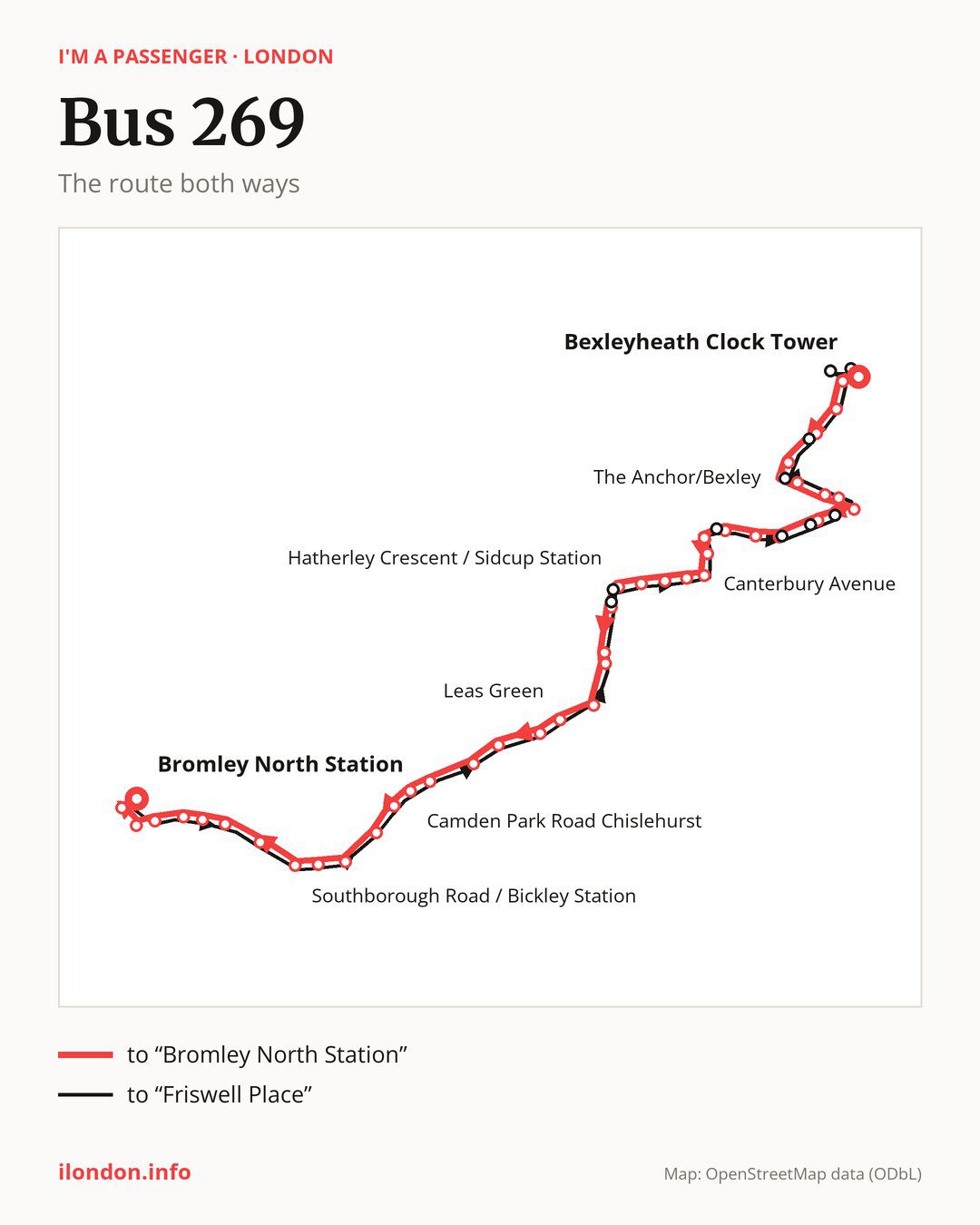 Bus route 269 in London on the map: the route both ways