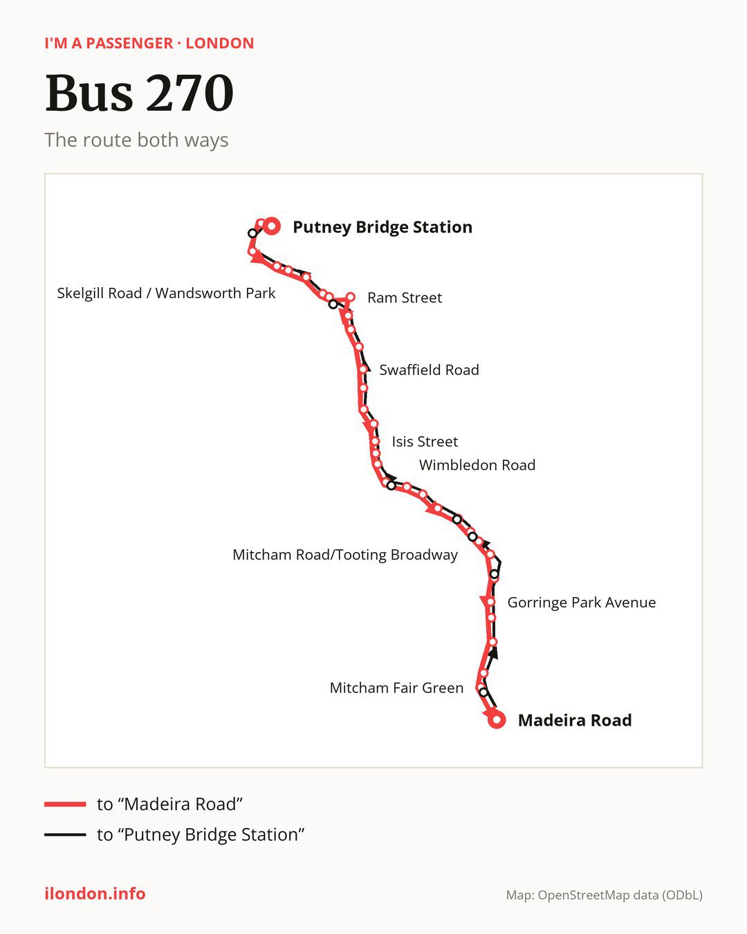 Bus route 270 in London on the map: the route both ways