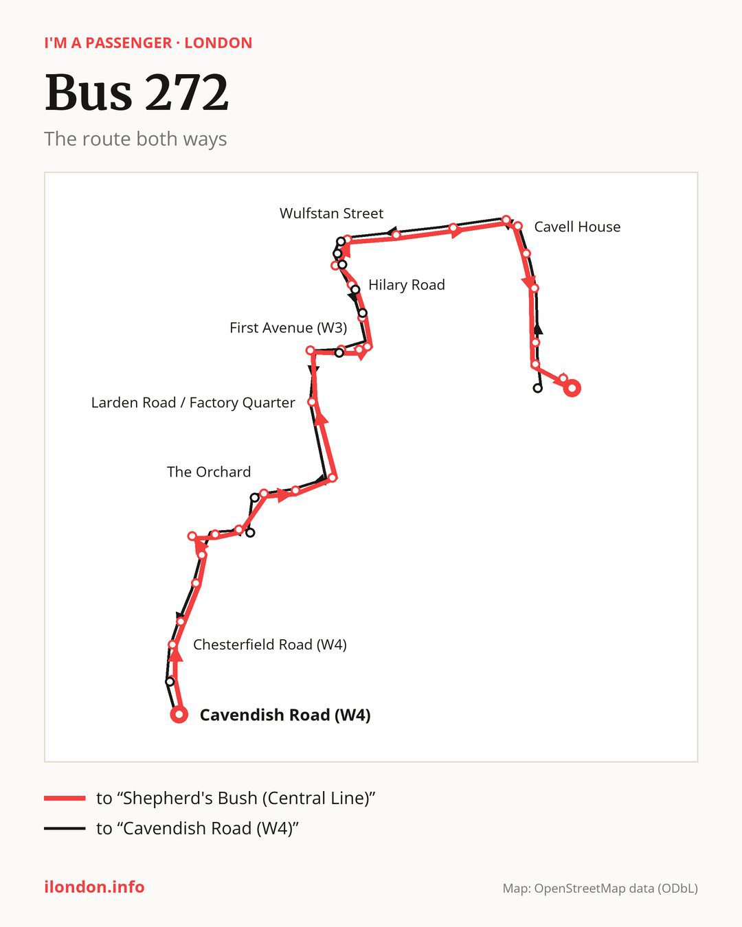 Bus route 272 in London on the map: the route both ways