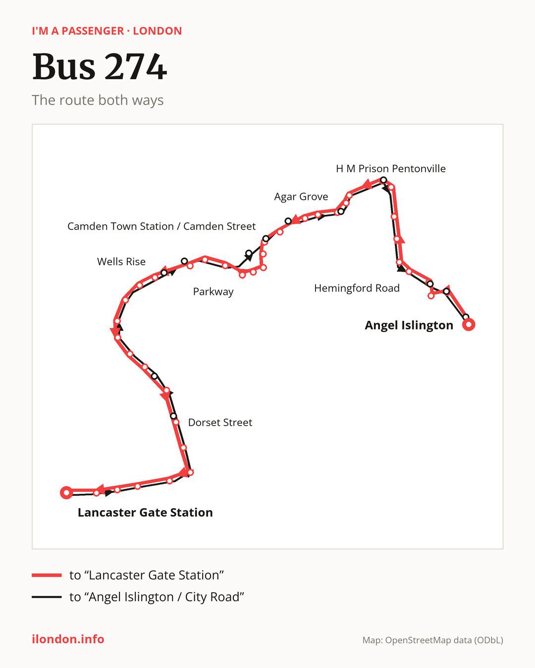 Bus route 274 in London on the map: the route both ways