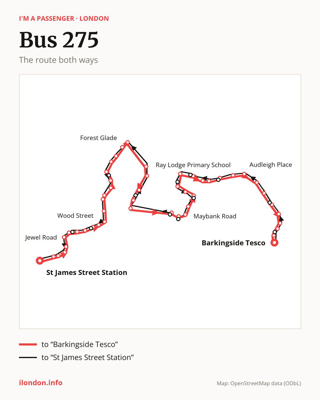 Bus route 275 in London on the map: the route both ways