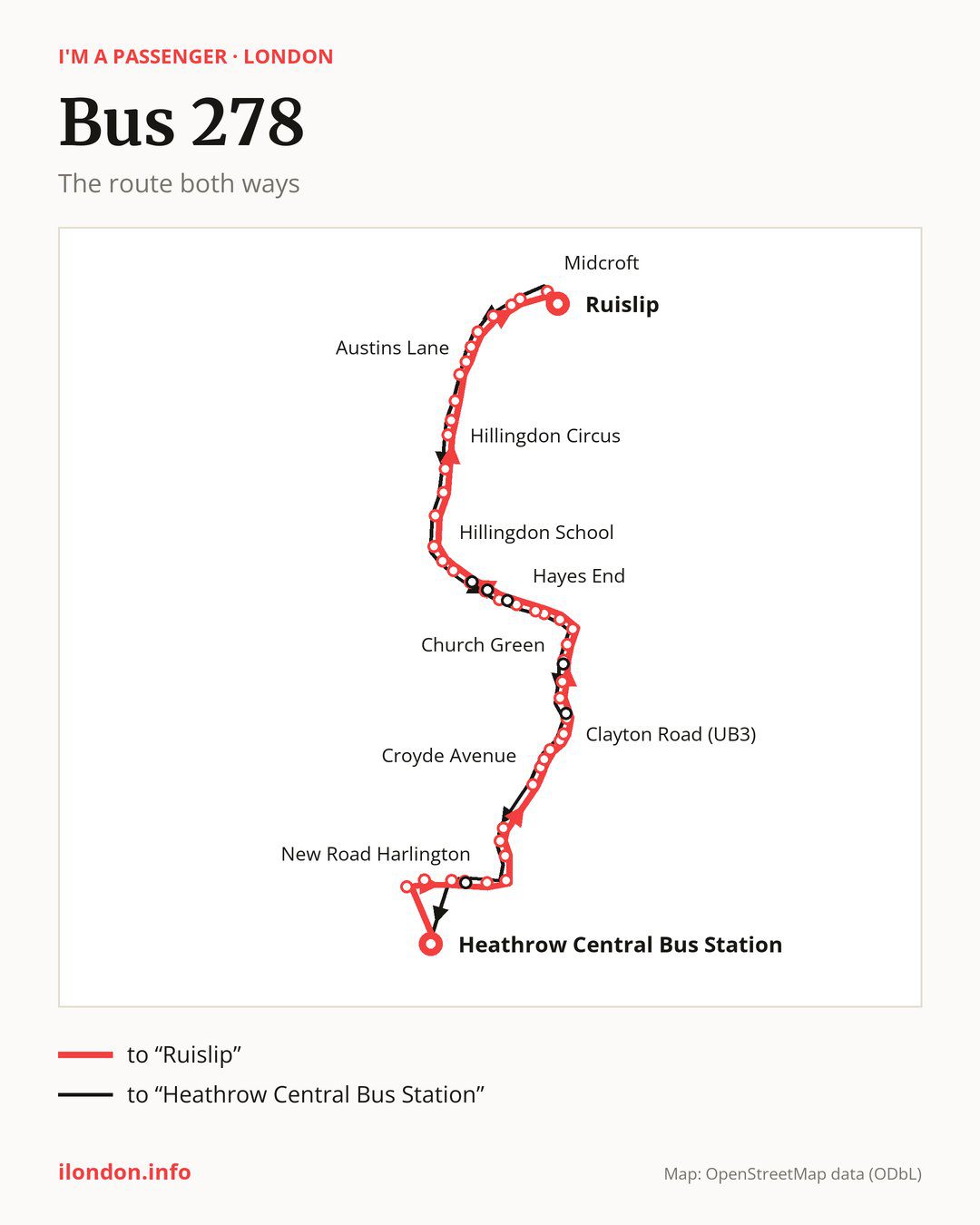 Bus route 278 in London on the map: the route both ways