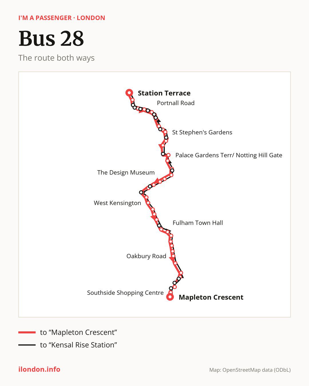 Bus route 28 in London on the map: the route both ways