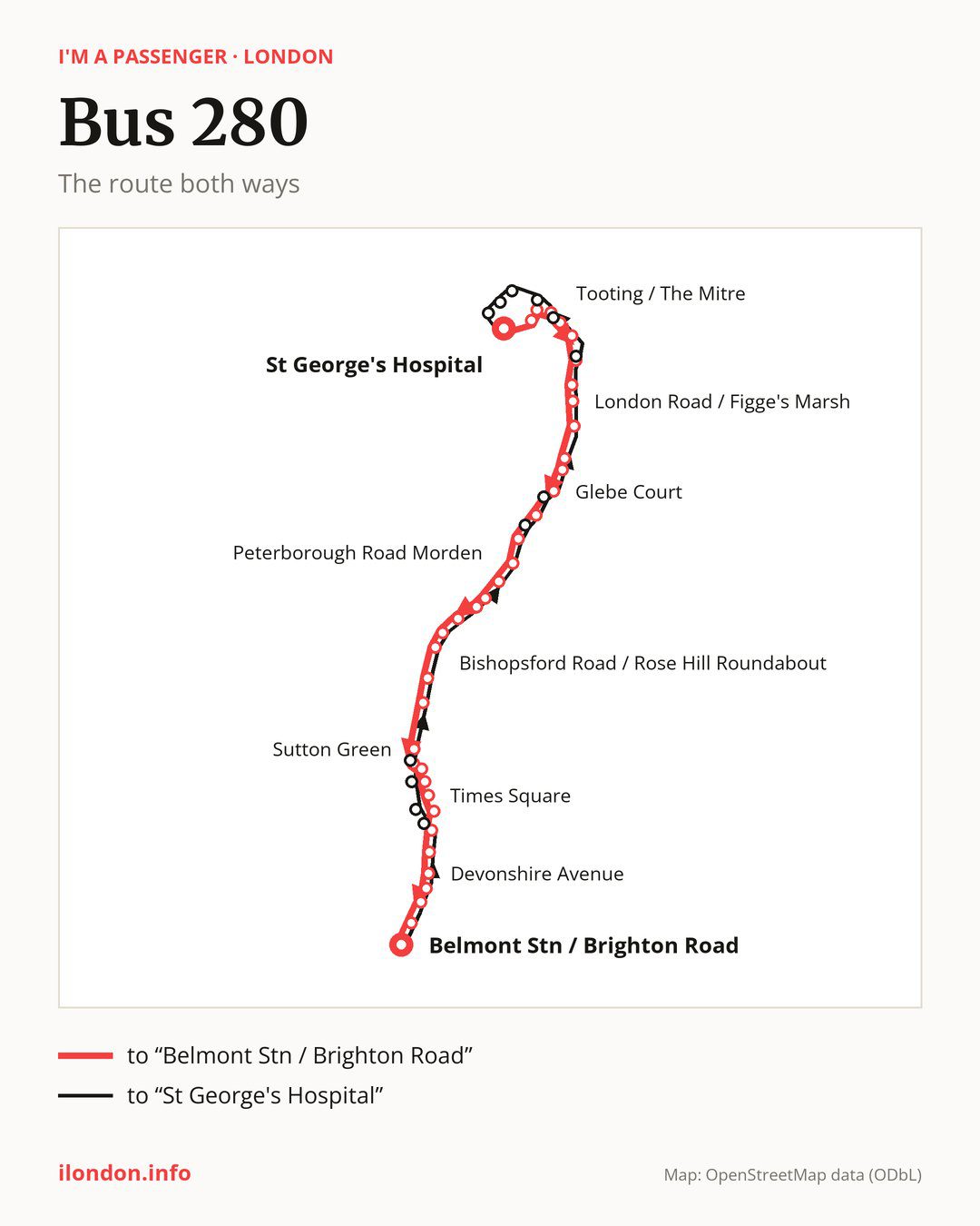 Bus route 280 in London on the map: the route both ways