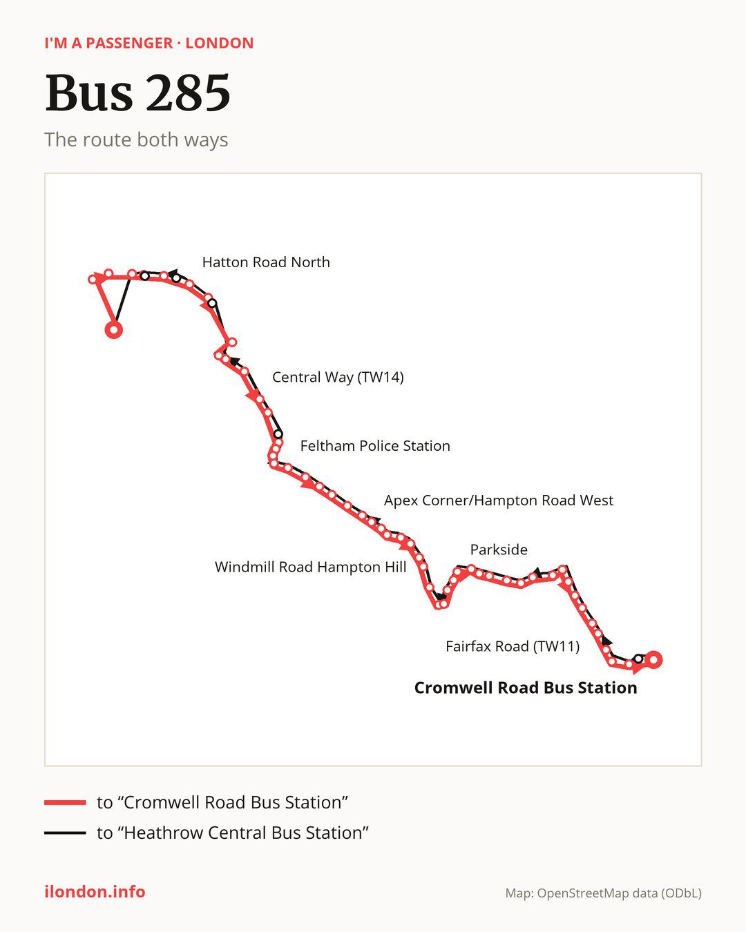 Bus route 285 in London on the map: the route both ways