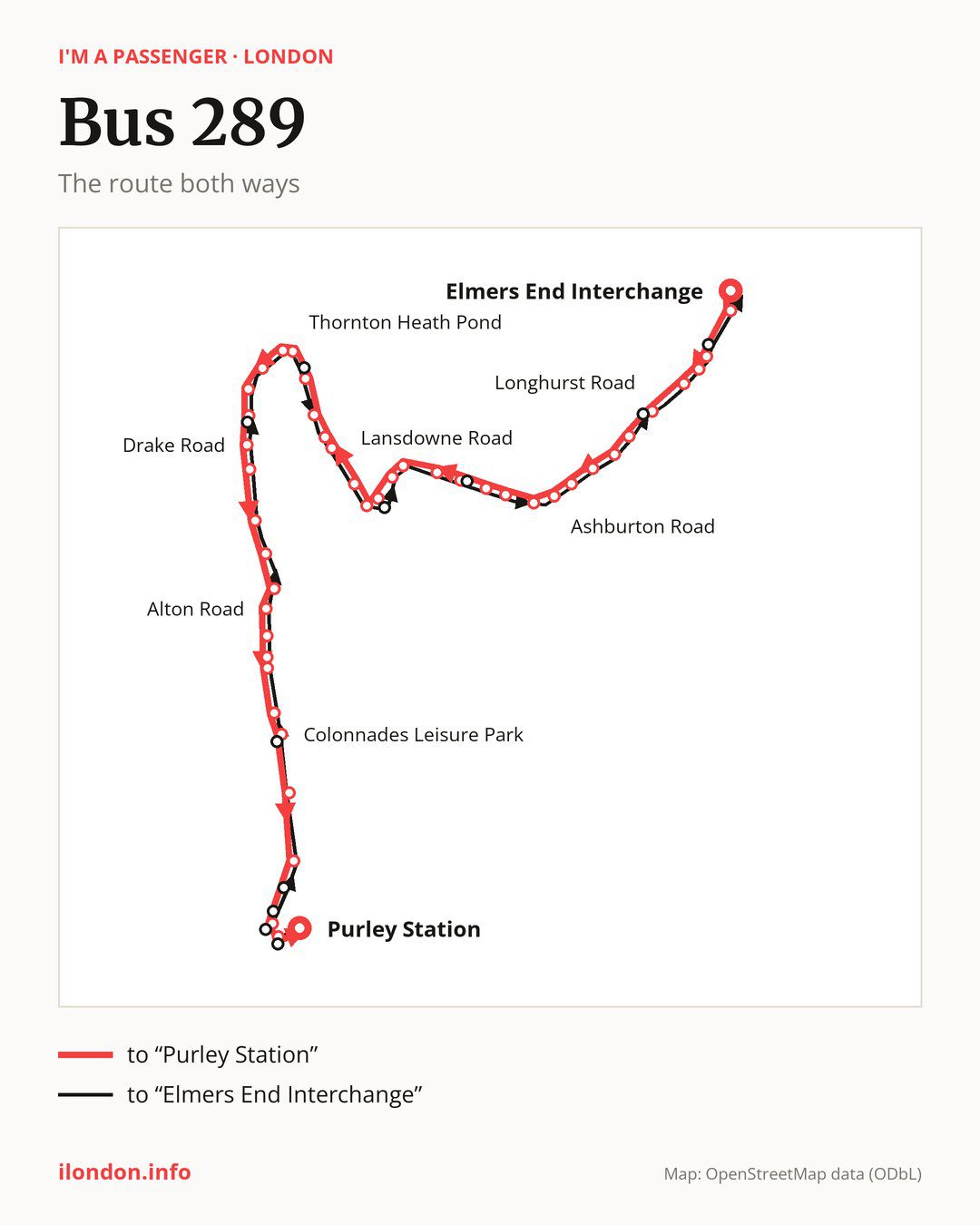Bus route 289 in London on the map: the route both ways