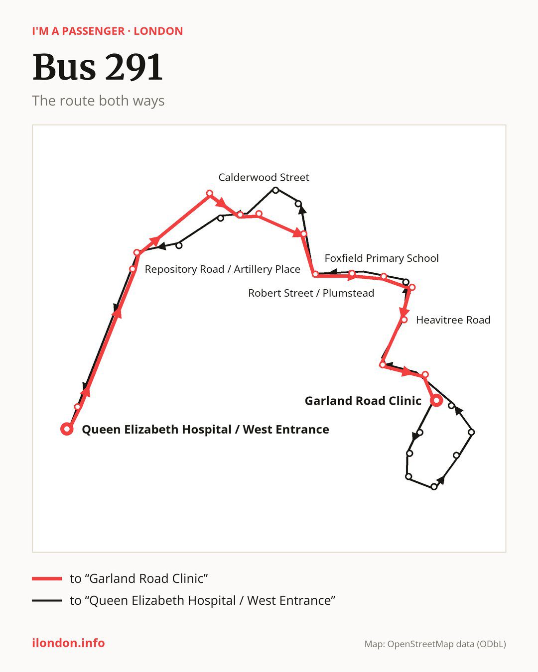 Bus route 291 in London on the map: the route both ways