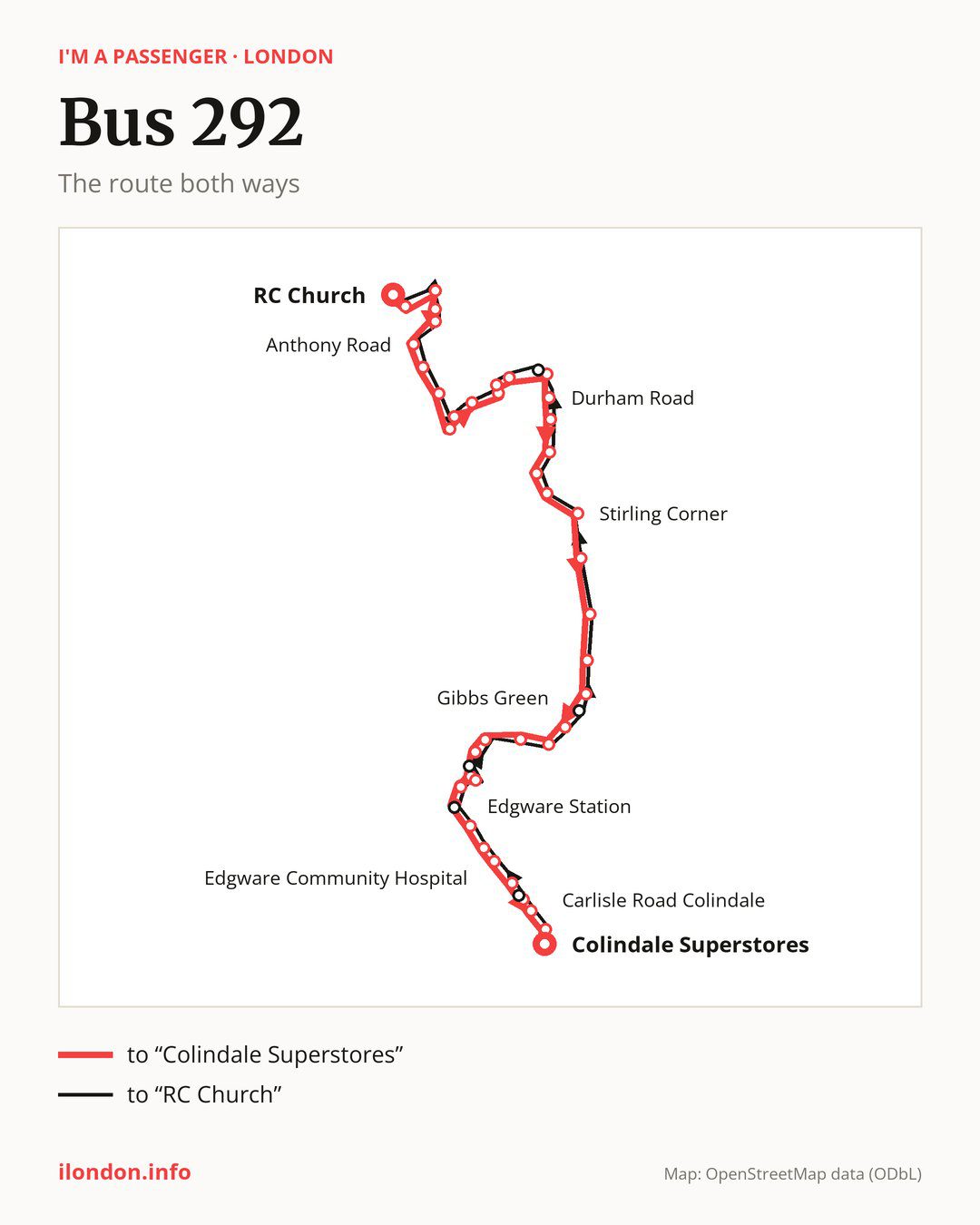 Bus route 292 in London on the map: the route both ways
