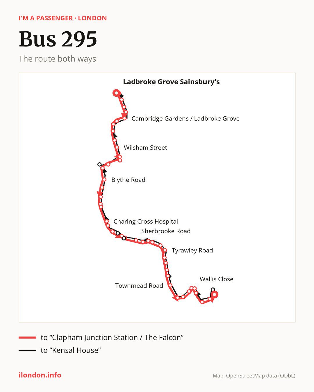 Bus route 295 in London on the map: the route both ways