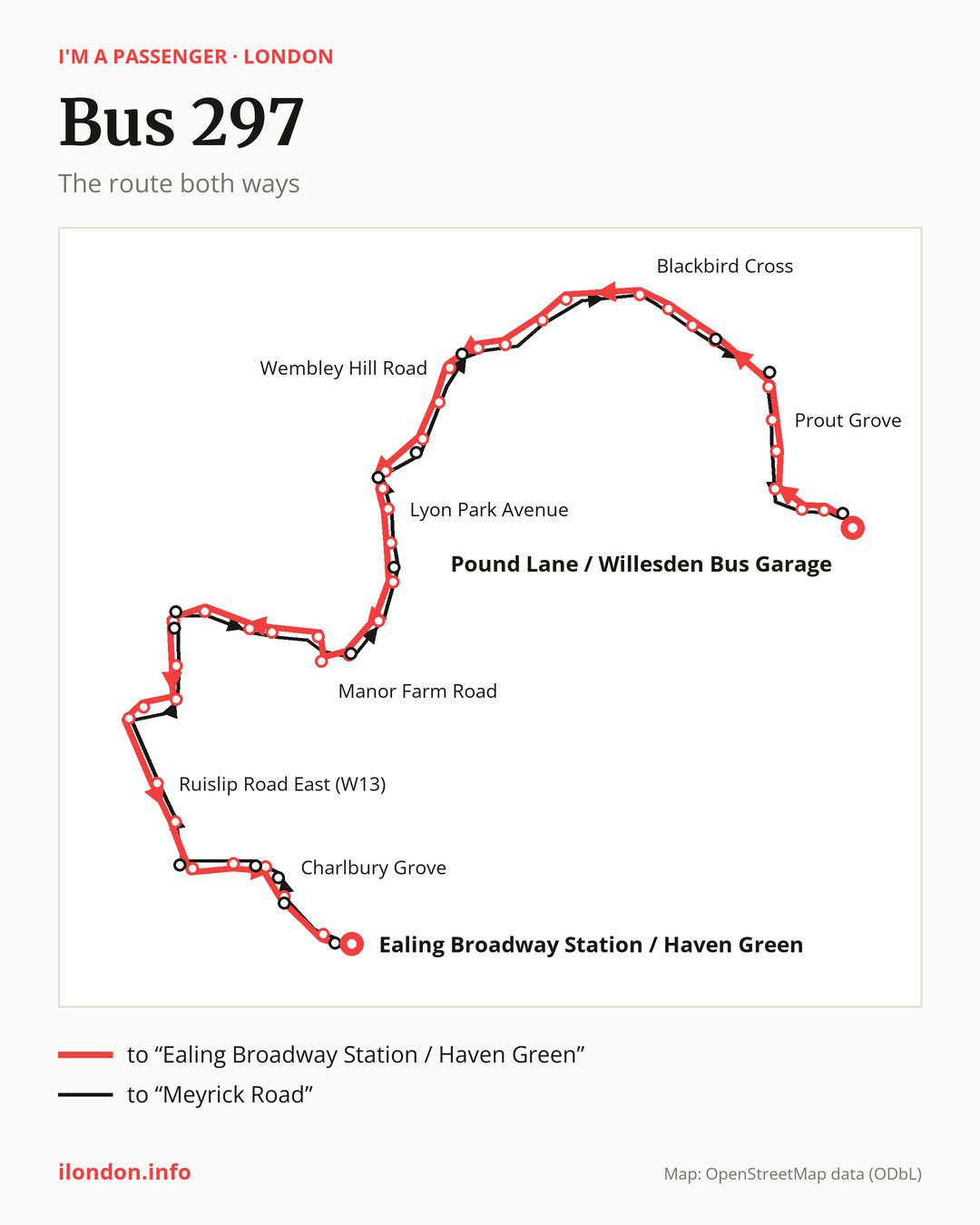 Bus route 297 in London on the map: the route both ways