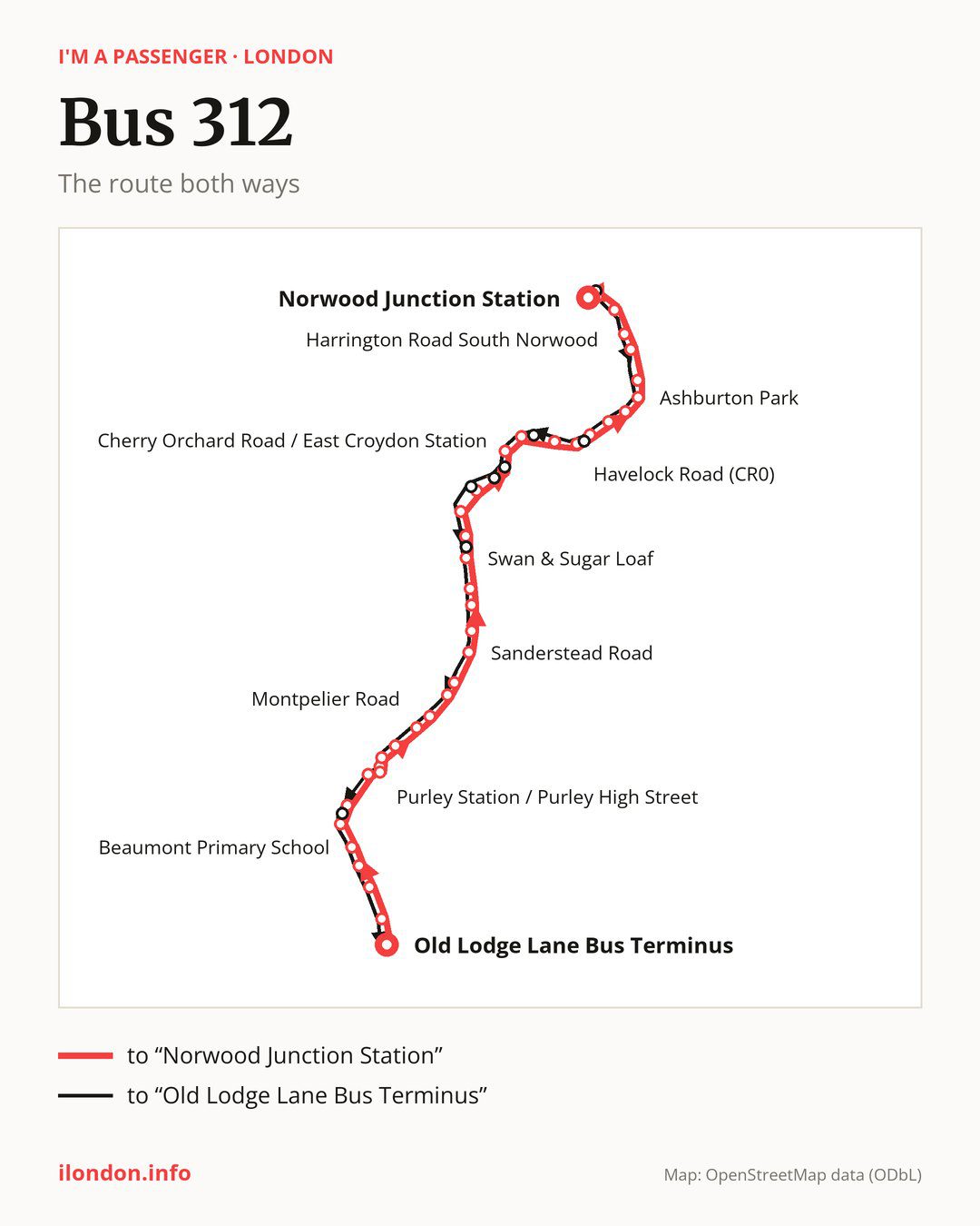 Bus route 312 in London on the map: the route both ways