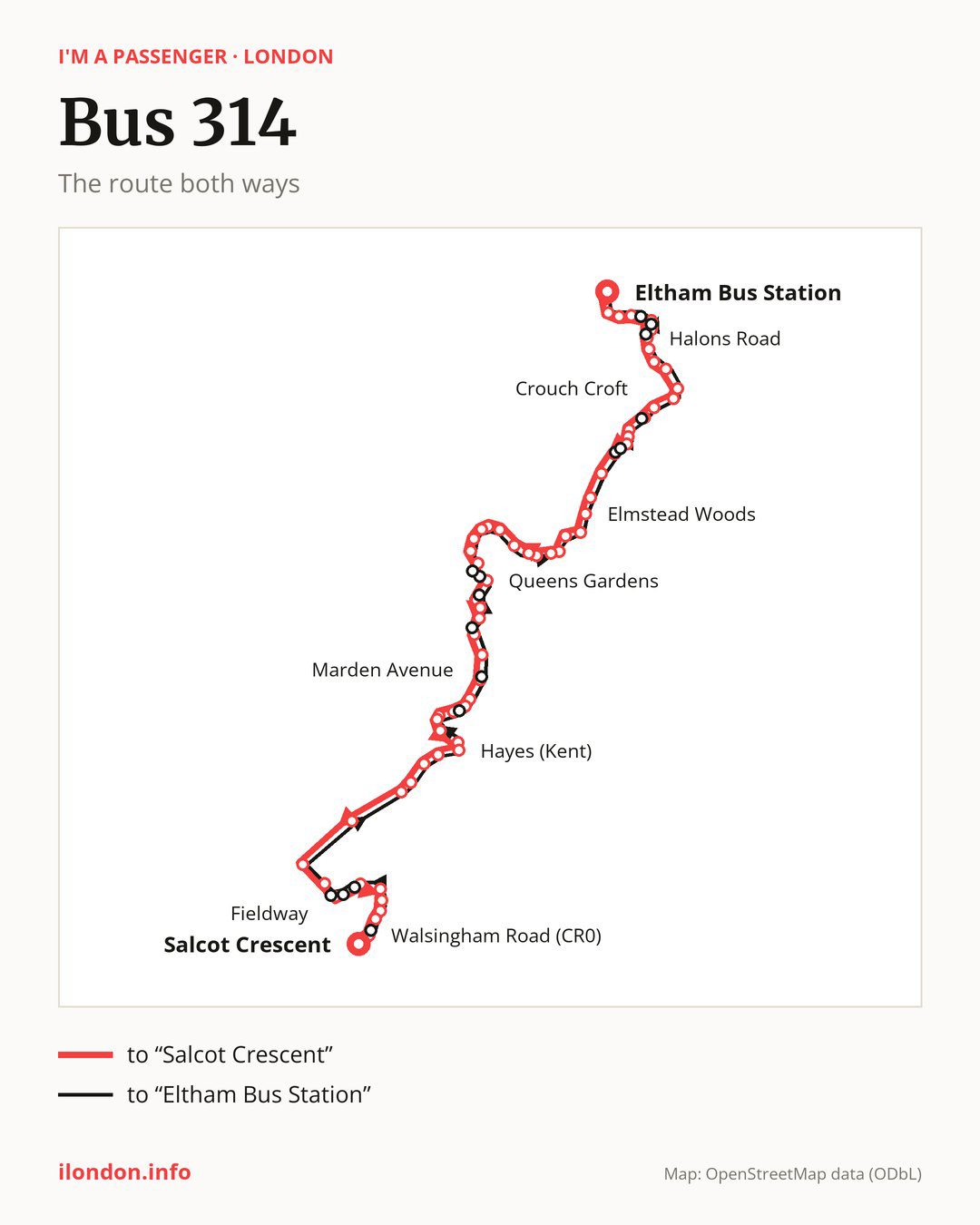 Bus route 314 in London on the map: the route both ways