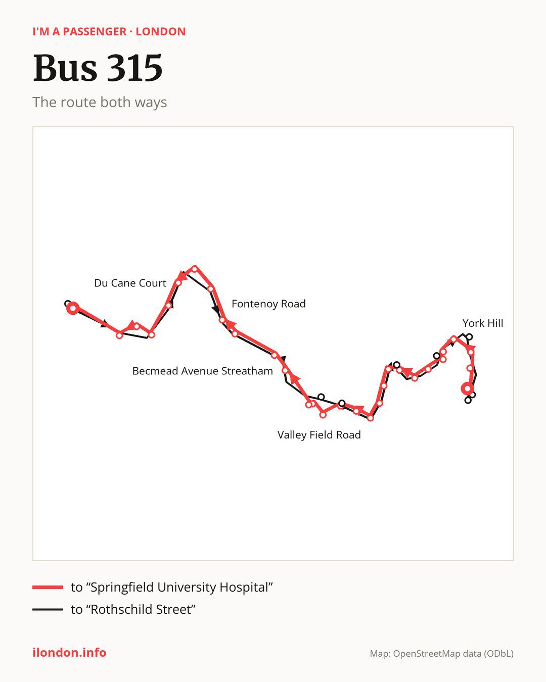 Bus route 315 in London on the map: the route both ways