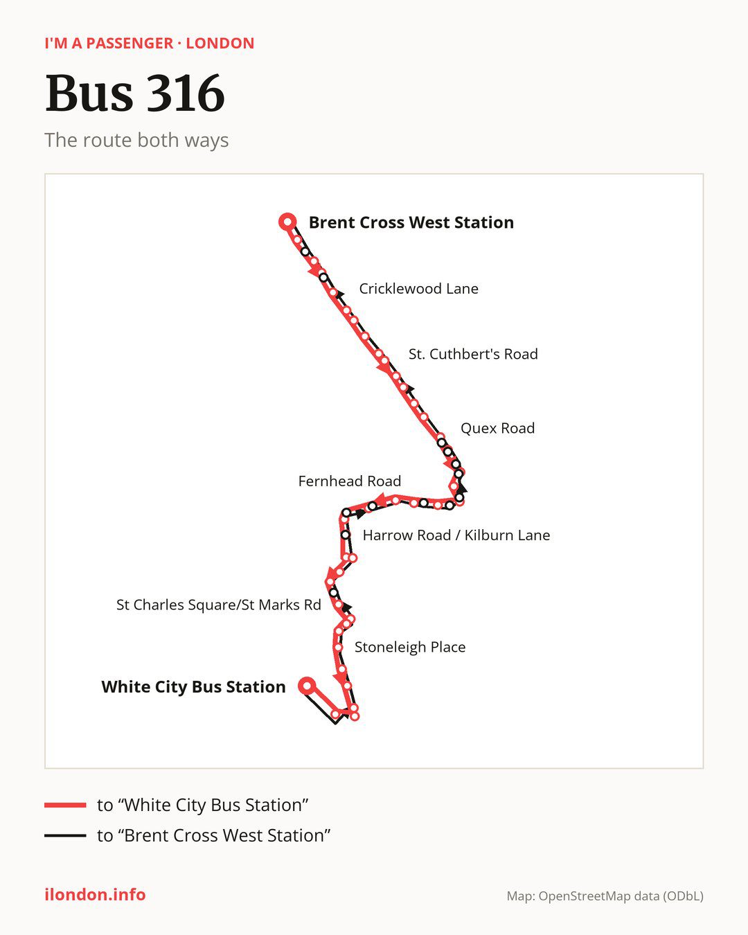Bus route 316 in London on the map: the route both ways