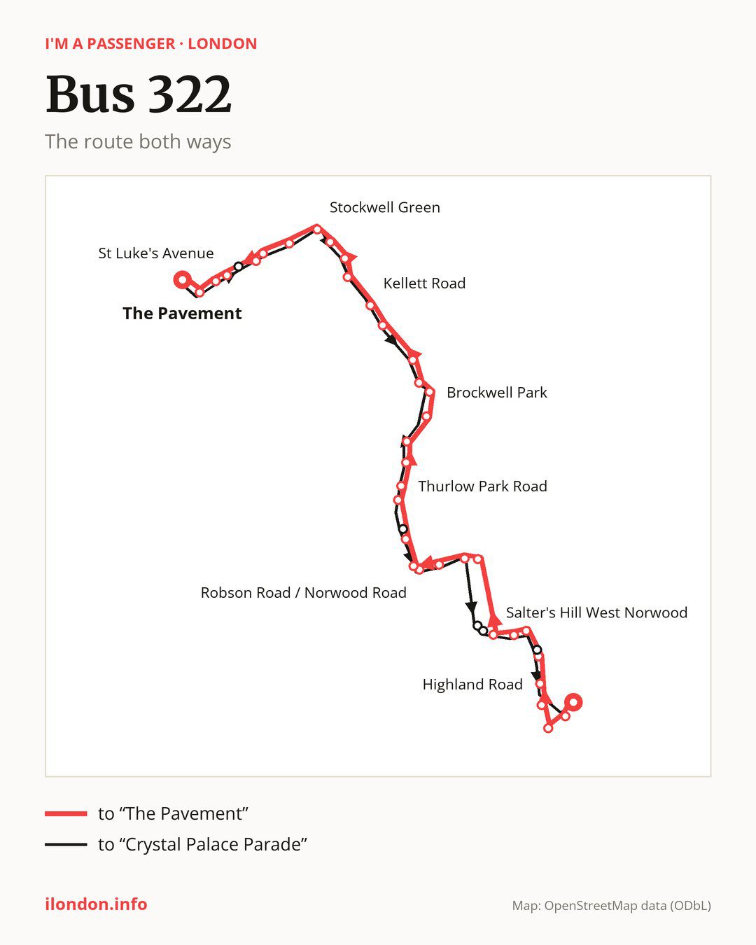 Bus route 322 in London on the map: the route both ways