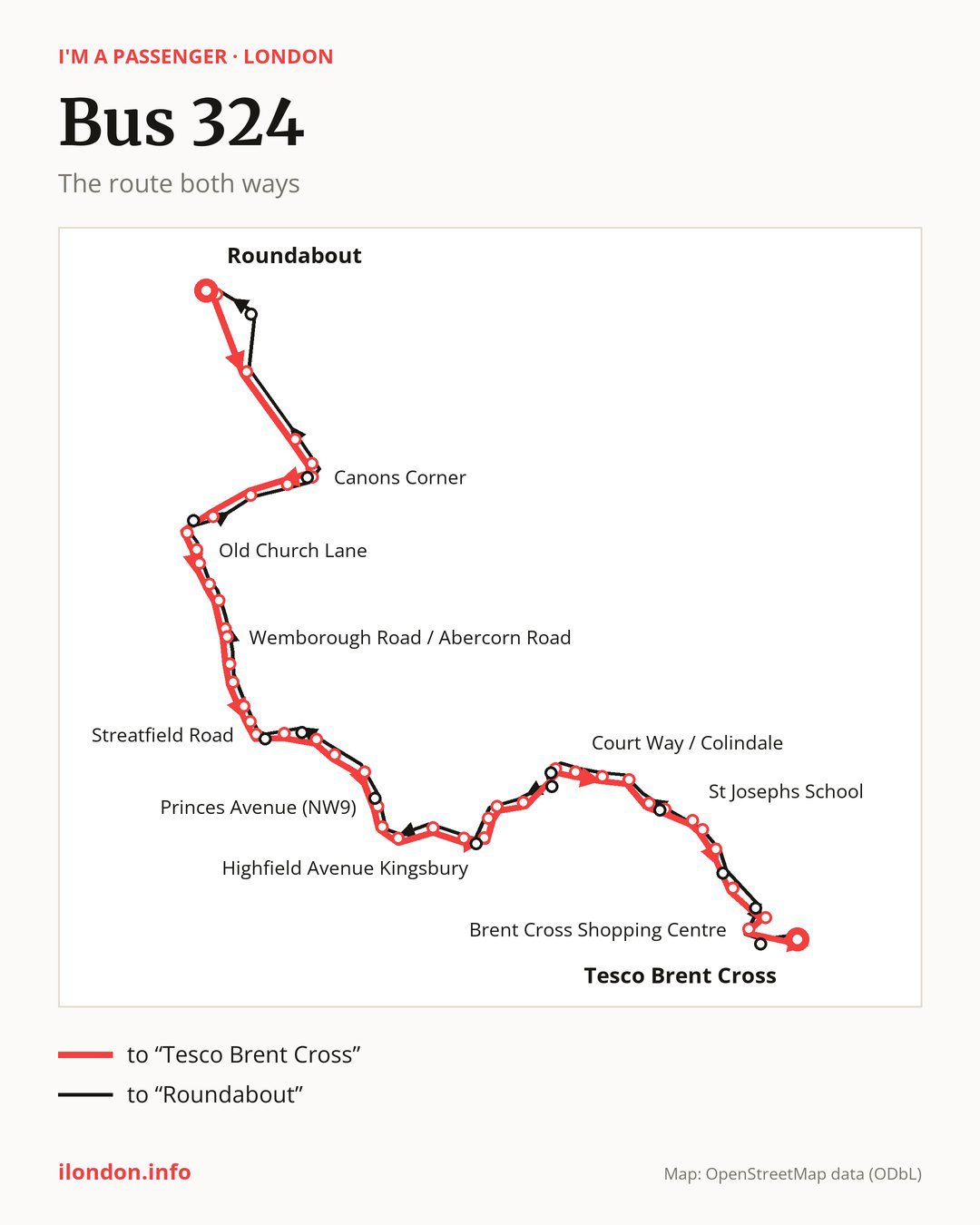 Bus route 324 in London on the map: the route both ways