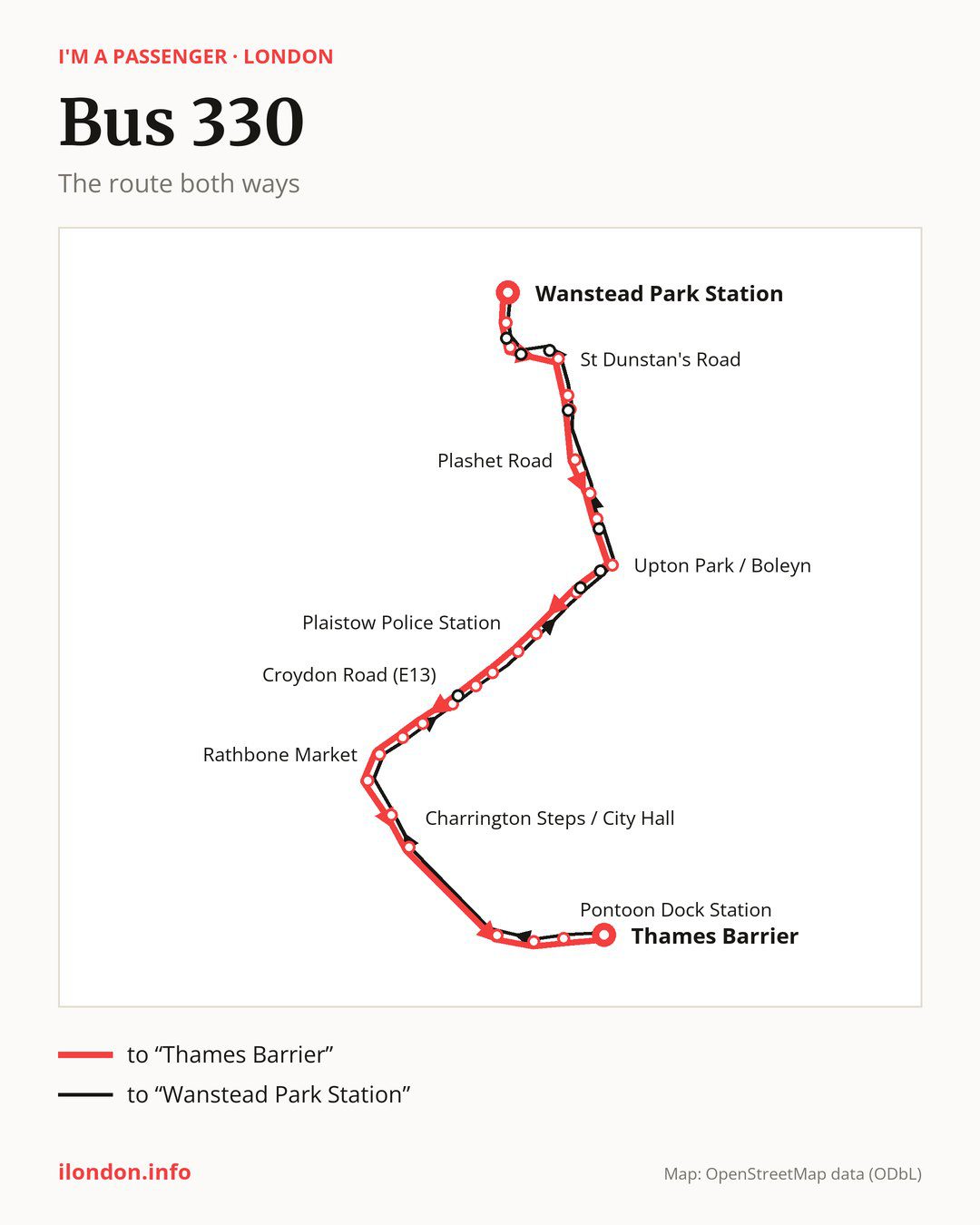 Bus route 330 in London on the map: the route both ways
