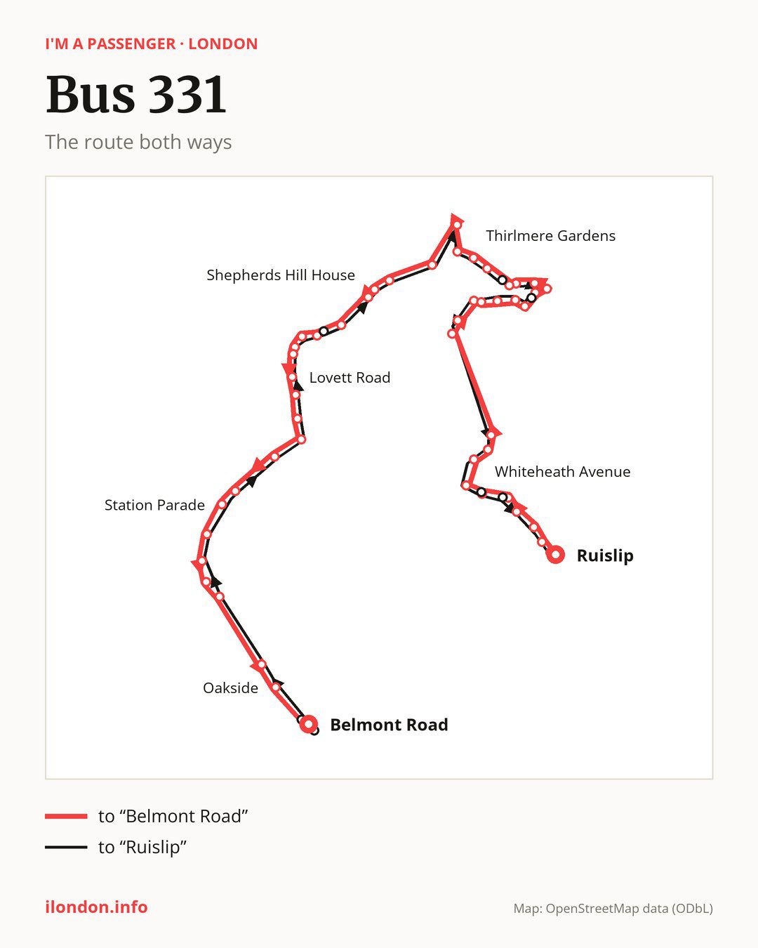 Bus route 331 in London on the map: the route both ways