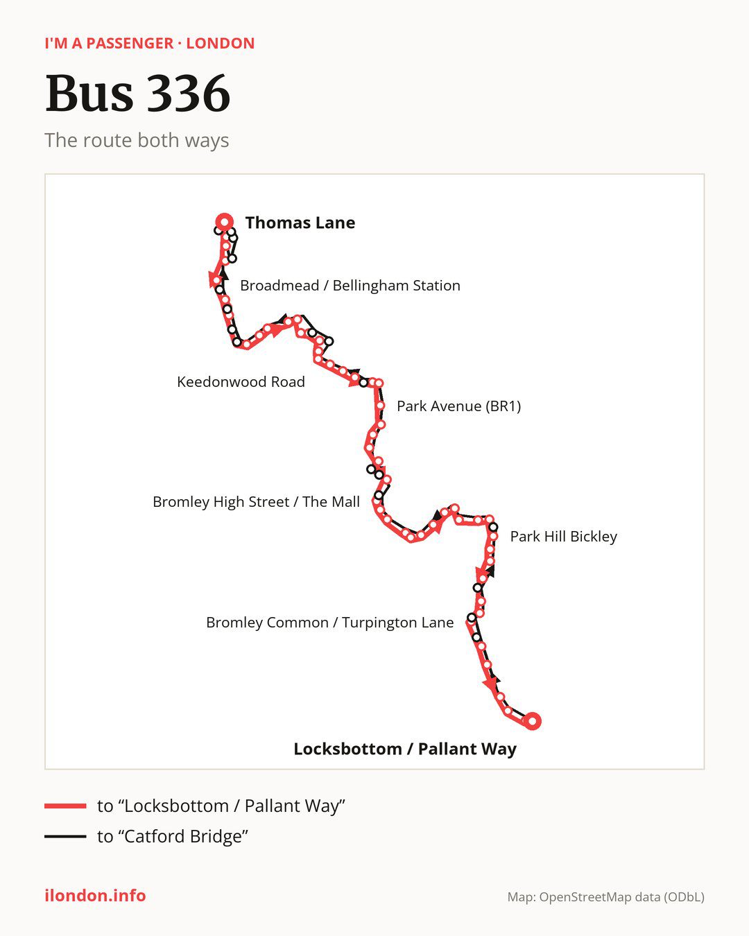Bus route 336 in London on the map: the route both ways