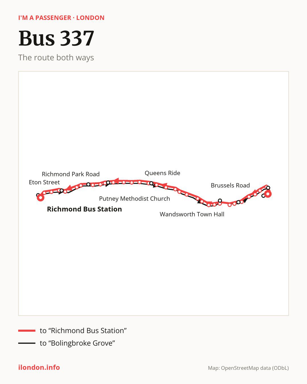 Bus route 337 in London on the map: the route both ways