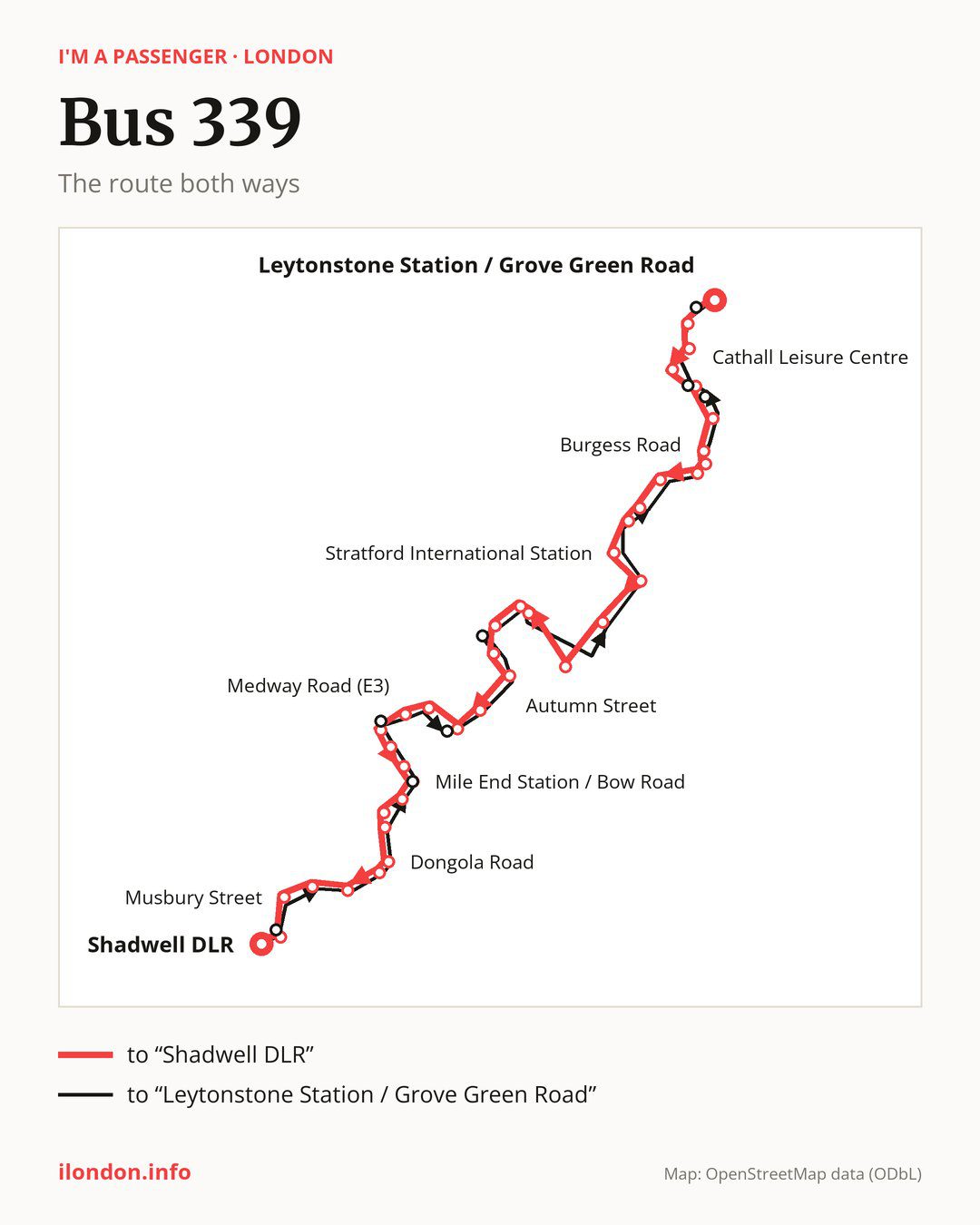 Bus route 339 in London on the map: the route both ways
