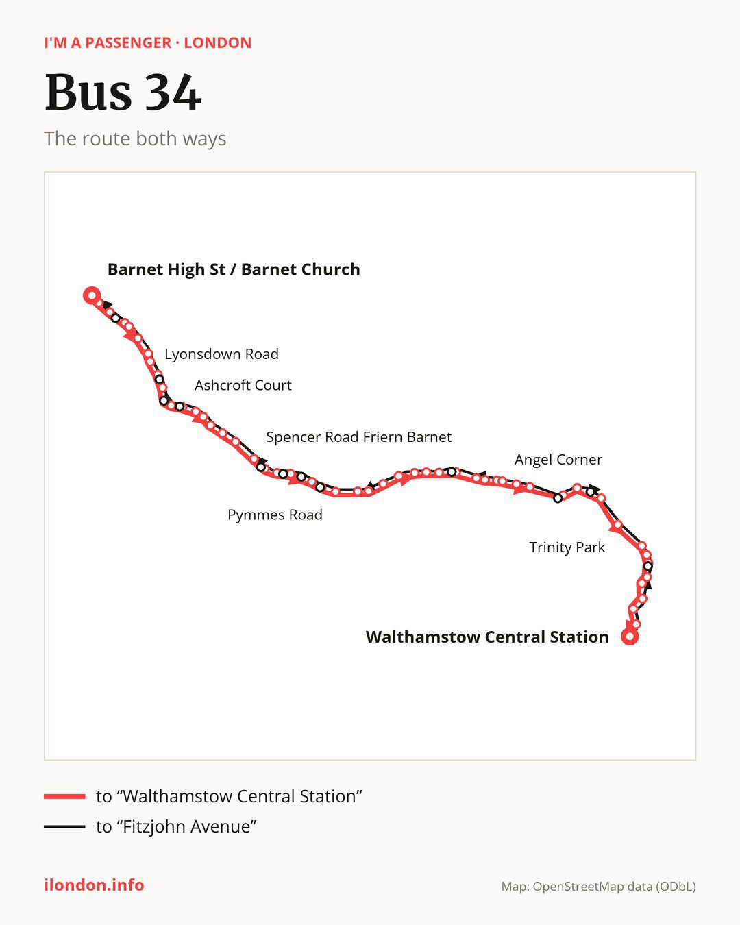 Bus route 34 in London on the map: the route both ways